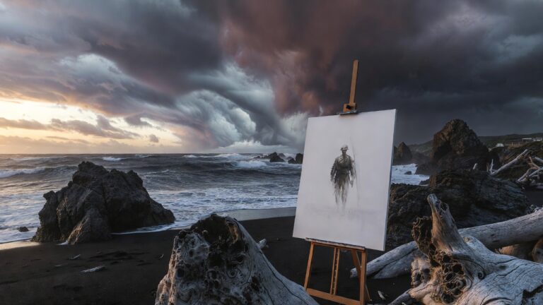 Wide Victorian beach at dusk: blank canvas on easel with faint soldier silhouette dissolving into mist, stormy Bass Strait clouds, driftwood sculptures, symbolizing trauma and renewal.