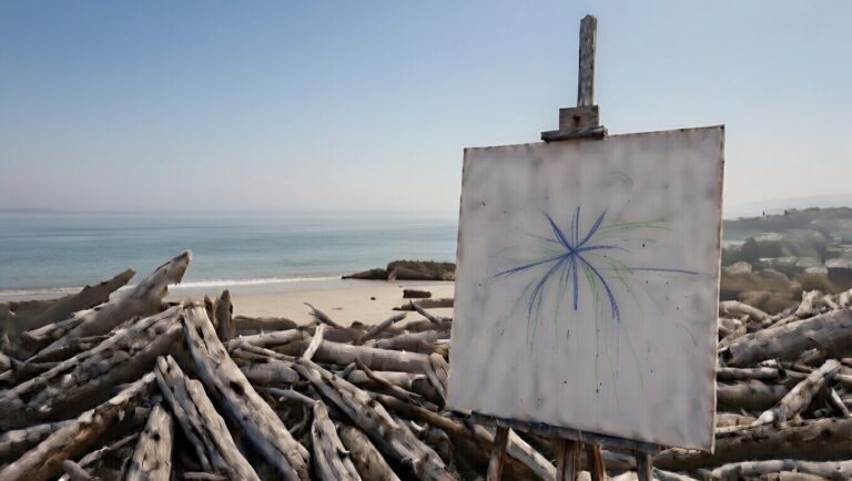 Calm Victorian beach noon with blank canvas displaying merged to separate lines on easel, independent driftwood pairs, Bass Strait backdrop, representing CPTSD codependency, avoidance traps, merging fears, and balanced connection in trauma recovery.