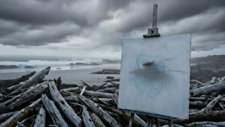 Turbulent Victorian beach midday with blank canvas displaying grey washes and worry lines on easel, wave-like driftwood piles, Bass Strait backdrop, representing CPTSD depression GAD, despair waves, constant worry, and rhythmic healing in trauma recovery.