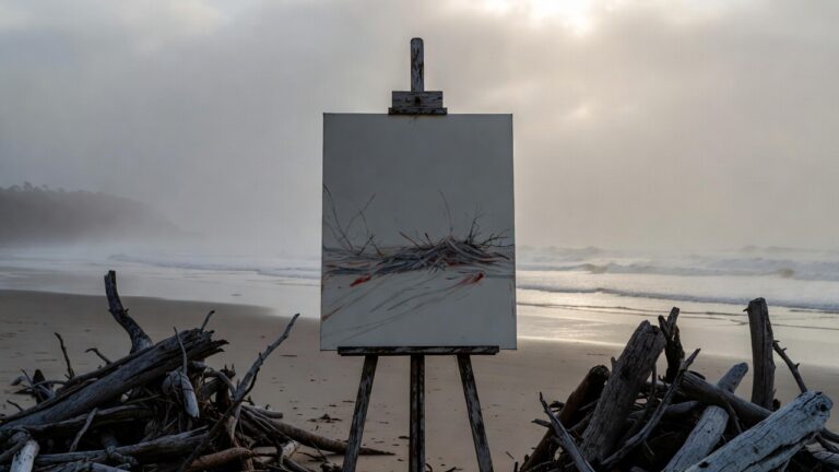 Foggy Victorian beach mid-morning with blank canvas showing skeletal outlines and chaotic strokes on easel, sparse driftwood piles, Bass Strait backdrop, representing CPTSD eating disorder, restriction, binge cycles, and slow path to nourishment in trauma recovery.