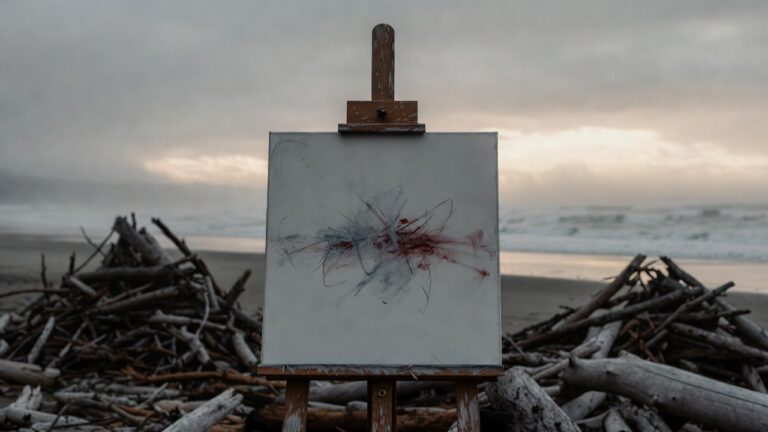 Foggy Victorian beach mid-morning with blank canvas showing chaotic swirling strokes on easel, disordered driftwood piles, Bass Strait backdrop, representing CPTSD emotional dysregulation, rage, numbness, and breaking through trauma cycles.
