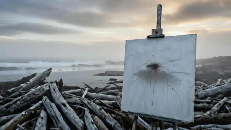 Hazy Victorian beach dawn with blank canvas displaying impulsive splatters and red marks on easel, erratic driftwood piles, Bass Strait backdrop, representing CPTSD financial instability, impulsivity, splurges, and emerging budget structure in trauma recovery.