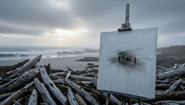 Windy Victorian cliff dawn with blank canvas displaying jagged alert lines on easel, braced driftwood formations, Bass Strait backdrop, representing CPTSD hyperarousal, arousal changes, startle responses, and gradual calming in trauma recovery.