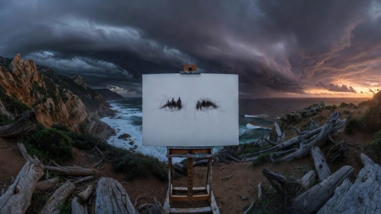 Moody Victorian cliffside at twilight with blank canvas on easel, faint shadowy watchful figures in brushstrokes against stormy Bass Strait, driftwood scattered, symbolizing CPTSD hypervigilance, paranoia, and fragile grounding in trauma recovery.
