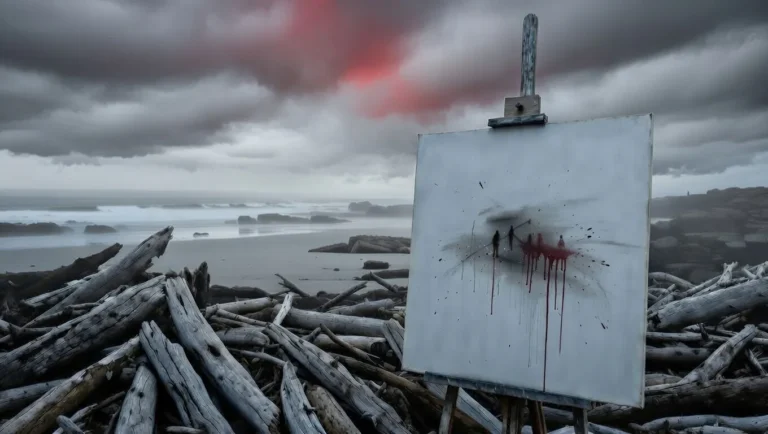 Stormy Victorian shore midday with blank canvas displaying splattered intrusive marks on easel, chaotic driftwood splashes, Bass Strait backdrop, representing CPTSD intrusions, flashbacks, triggers, and mindful integration in trauma recovery.