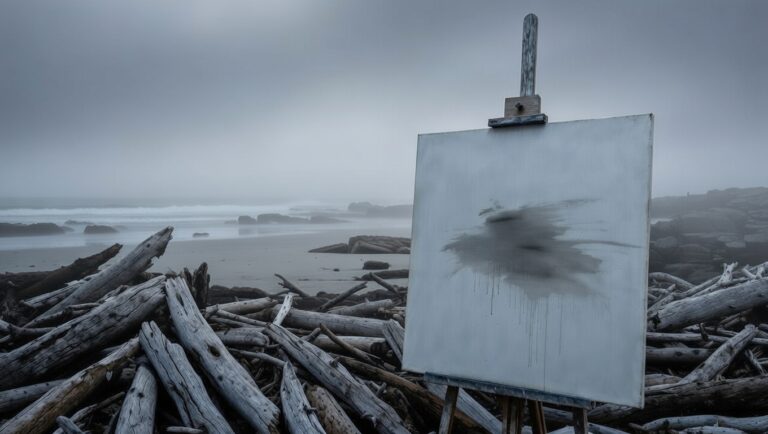Foggy Victorian beach midday with blank canvas displaying shadowed faded strokes on easel, solitary driftwood piles, Bass Strait backdrop, representing CPTSD isolation, withdrawal, social anxiety, and slow steps toward connection in trauma recovery.