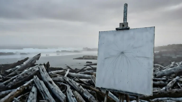 Overcast Victorian beach noon with blank canvas displaying unfinished scattered sketches on easel, chaotic driftwood piles, Bass Strait backdrop, representing CPTSD productivity struggles, abandoned work, motivation dips, and reclaiming the brush in trauma recovery.