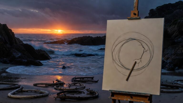 Rocky Victorian shore at dusk with blank canvas displaying overlapping loops and broken lines on easel, disrupted driftwood circles, Bass Strait backdrop, representing CPTSD re-enactment patterns, repeating abuse cycles, and interrupting old trauma habits.