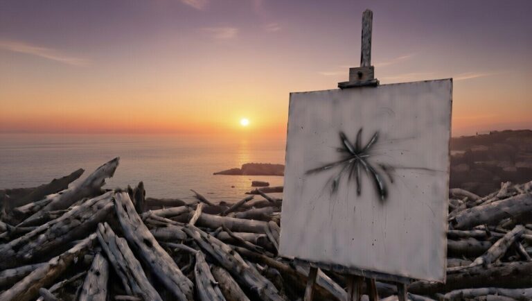 Calm Victorian cliff sunset with blank canvas displaying etched scarred lines on easel, integrated driftwood arrangements, Bass Strait backdrop, representing CPTSD self-harm, permanent scars, emotional release, and healing care in trauma recovery.