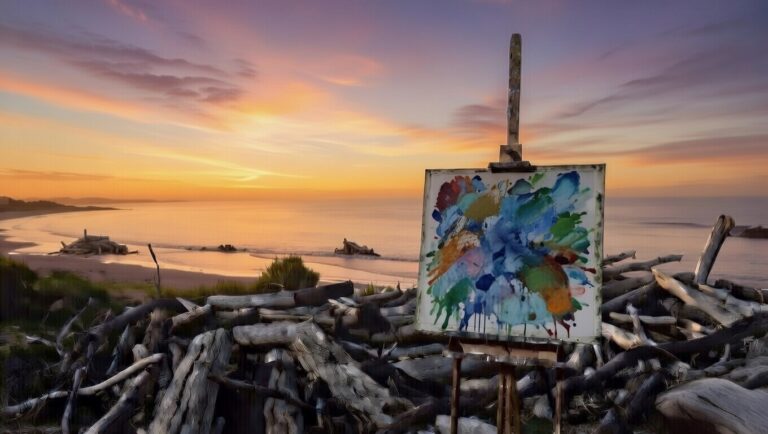 Peaceful Victorian cliff sunset with small canvas displaying integrated layered symbols on ground, harmonious driftwood sculptures, Bass Strait backdrop, representing CPTSD series reflections, full symptoms palette, interconnections, and enduring growth in trauma recovery.