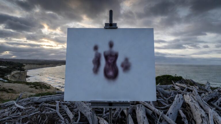 Windswept Victorian cliff late afternoon with blank canvas displaying radiating ache lines and shadowed figure, weighted driftwood piles, Bass Strait backdrop, representing CPTSD somatic symptoms, phantom pain, chronic fatigue, and emerging body compassion in trauma recovery.
