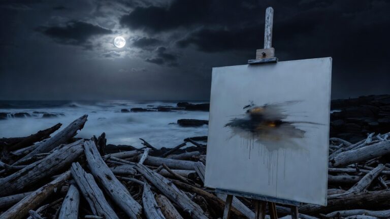 Misty Victorian shore at night with blank canvas displaying blurry solvent marks on easel, unbalanced driftwood piles, Bass Strait backdrop, representing CPTSD substance abuse, alcohol numbing, addiction cycles, and emerging clarity in trauma recovery.