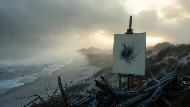 Foggy Victorian beach mid-morning with blank canvas showing tangled web-like strokes on easel, broken driftwood piles, Bass Strait backdrop, representing CPTSD trust issues, intimacy fears, paranoia in relationships, and tentative steps toward connection in trauma recovery.